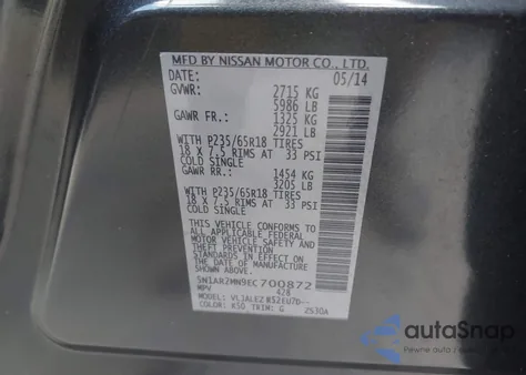 2014 Nissan Pathfinder Sv z USA, uszkodzony, nr VIN 5N1AR2MN9EC700872